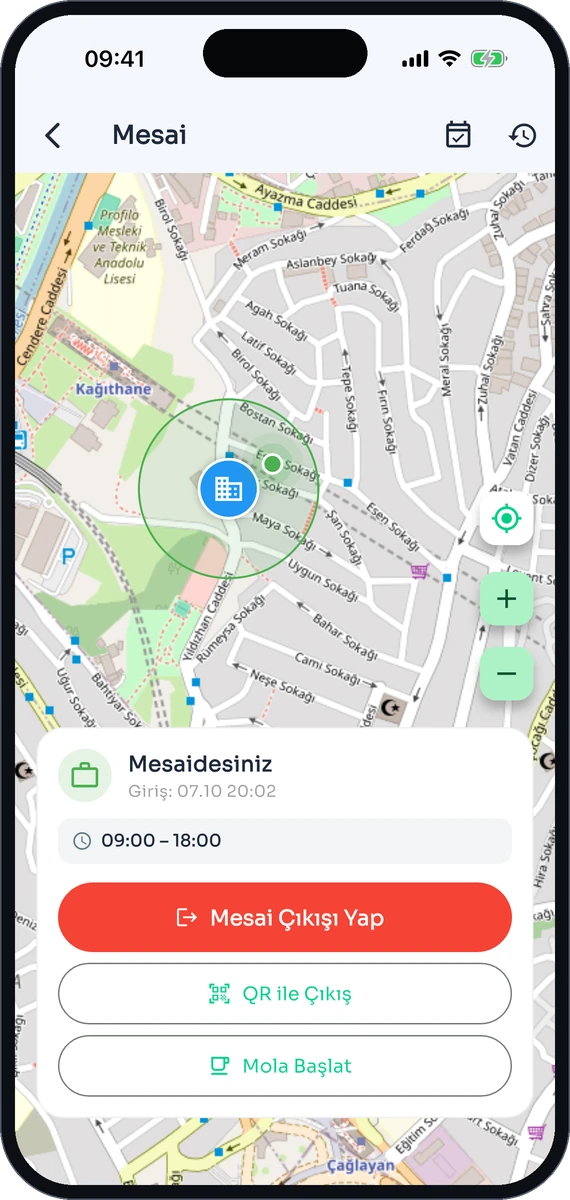 Mobil uygulamada konum doğrulamalı mesai ekranı