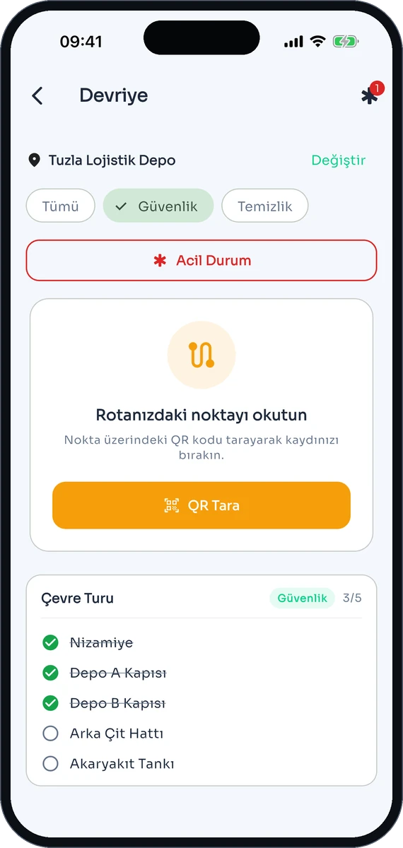 Mobil uygulamada devriye QR okutma ekranı